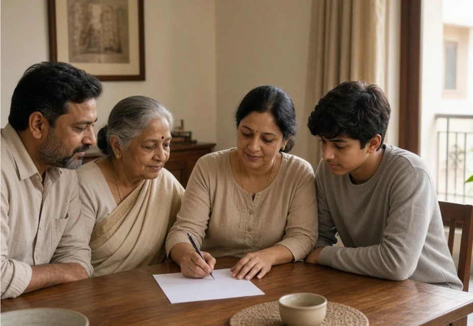 A family at a table, writing down what they want
