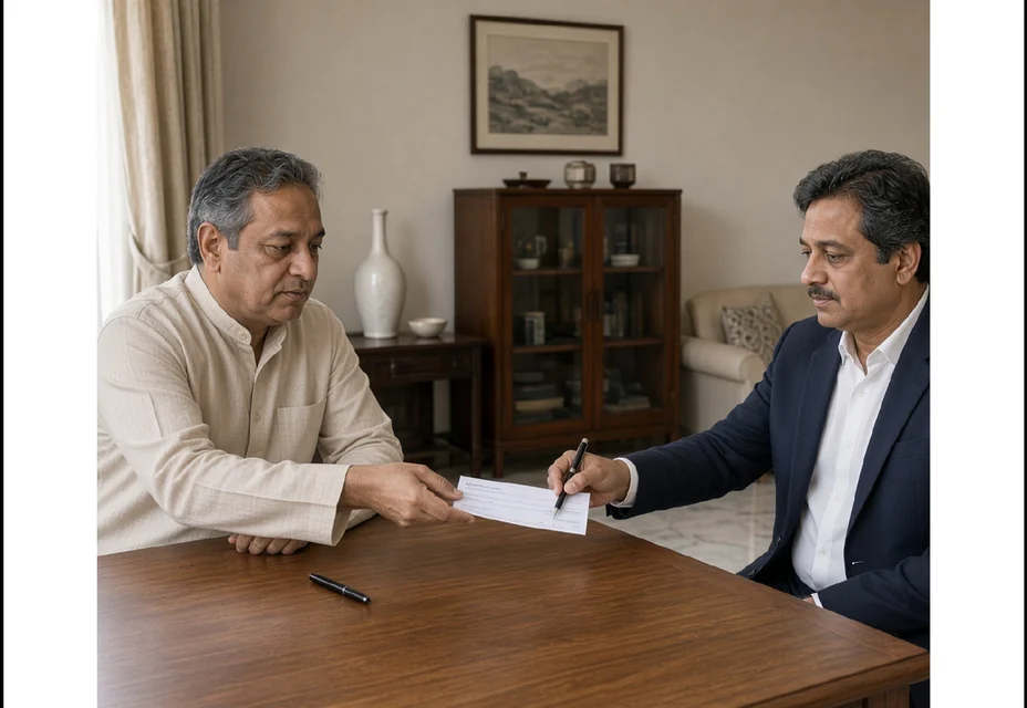 A buyer and an owner at a table, a cheque between them