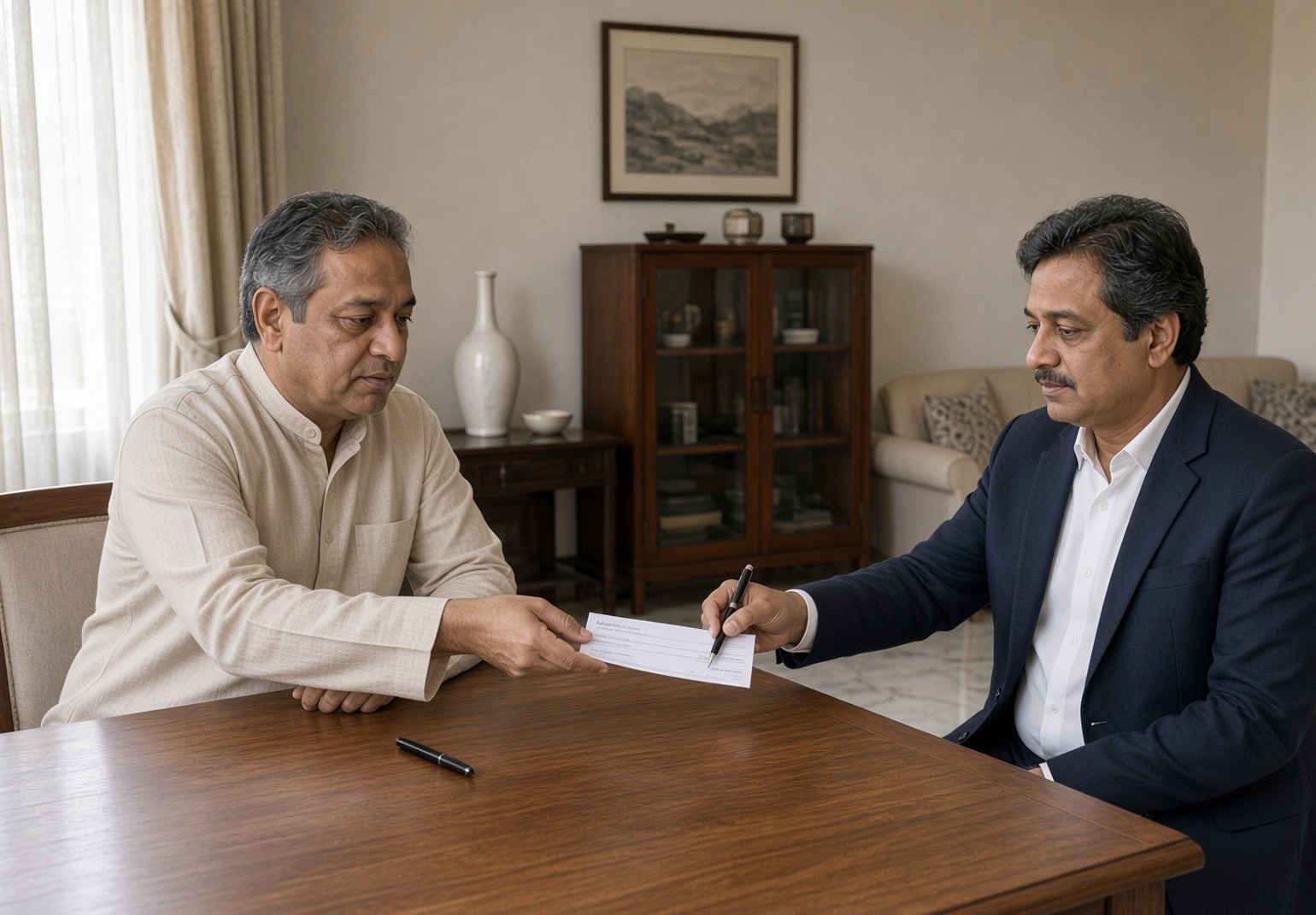 A buyer and an owner at a table, a cheque between them