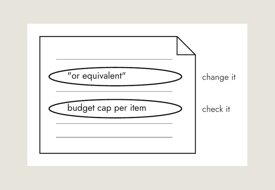 A specification sheet with "or equivalent" and "budget cap per item" marked