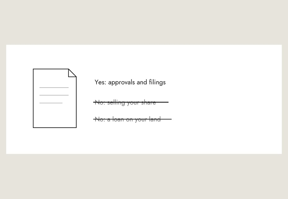 A power of attorney: yes to approvals and filings, no to selling your share or a loan on your land